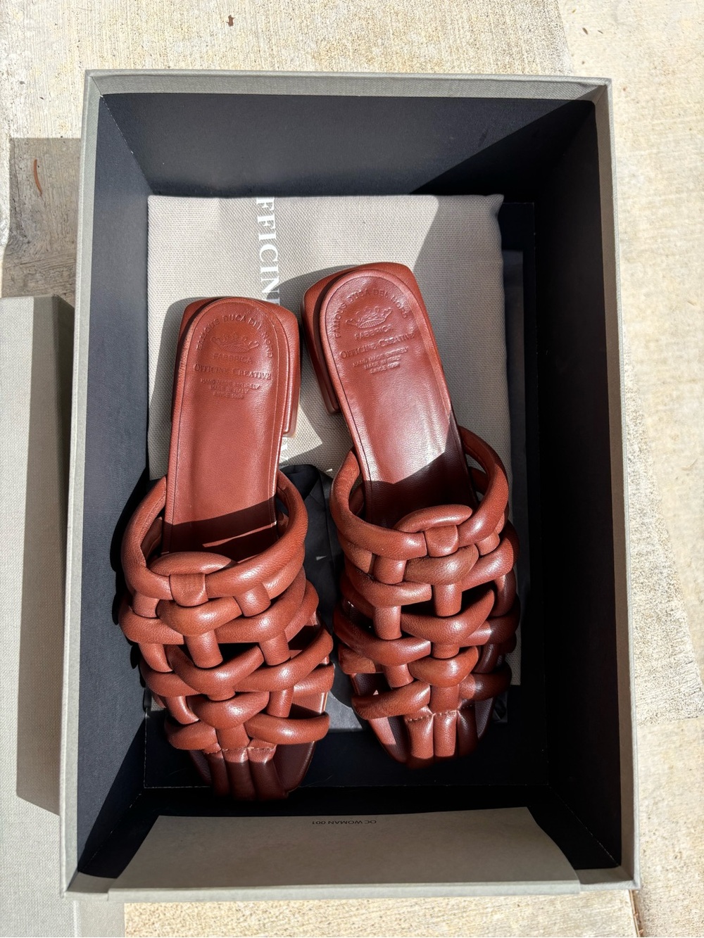 Officine Creative - Italian Brown Woven Leather Slide Sandals - New in Box - Picture 4 of 9